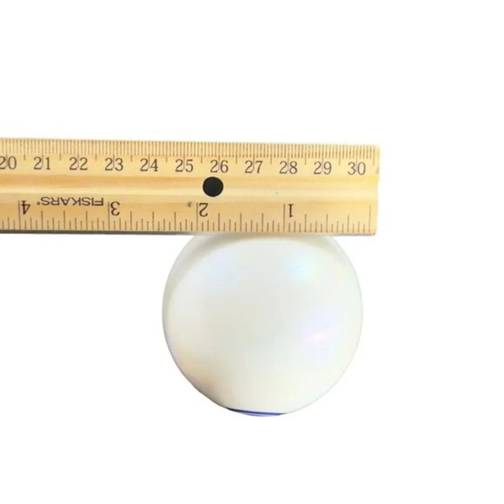Vintage Art Glass Paperweight Round Orb White‎ Iridescent With Blue Swirls Lines